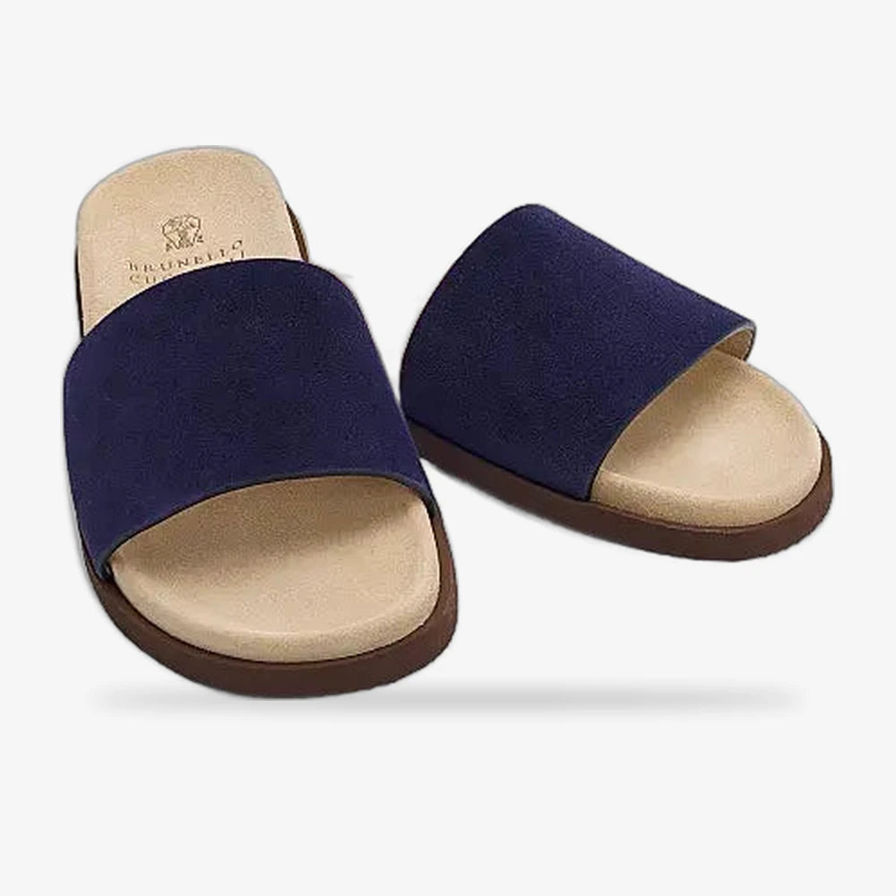 Brunello Cucinelli "Blue Suede Slide Sandals"